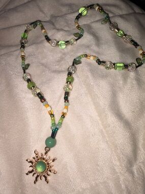 Green Beaded Sun Pendant Women's Necklace by